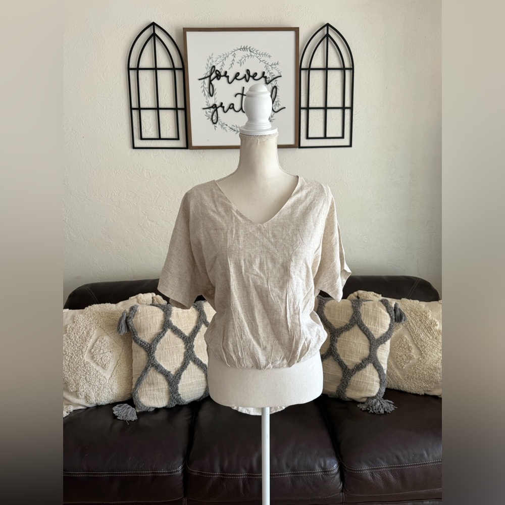 Zury Natural Beige High Low V Neck Blouse Linen Blend Free Size Coastal Grandma